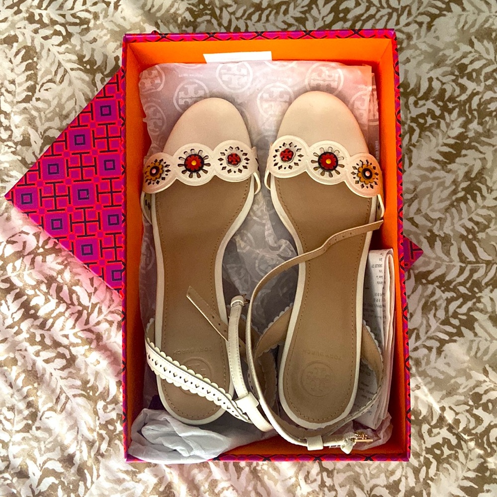 Tory Burch Cream Sandals with Red and Orange Accents